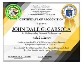 Republic of the Philippines
Department of Education
Region VI- WESTERN VISAYAS
Division of Negros Occidental
District of Isabela II
SAN AGUSTIN ELEMENTARY SCHOOL
CERTIFICATE OF RECOGNITION
is given to
JOHN DALE G. GARSOLA
for his Outstanding Academic Performance as
With Honors
Having achieved a GPA of 91.28% during the Second Quarter
Recognition of Achievers S.Y. 2022-2023.
Given this 22nd
day of February 2023 at San Agustin Elementary School,
Brgy. San Agustin, Isabela, Negros Occidental.
MARY KRISTINE M. LUMANOG PAUL P. MARCELLA
Class Adviser Principal I
 