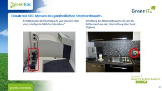Einsatz bei KTC: Messen des ganzheitlichen Stromverbrauchs
       Ermittlung des Stromverbrauchs von Druckern über   Ermittlung des Stromverbrauchs z.B. von der
       eine „intelligente Mehrfachsteckdose“              Kaffeemaschine inkl. Übermittlung über Funk
                                                          (ZigBee)




                                                                                                        5
 