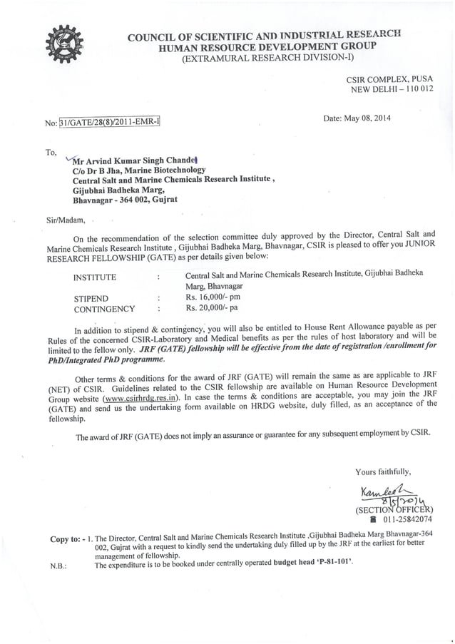 CSIR GATE JRF Award Letter PDF