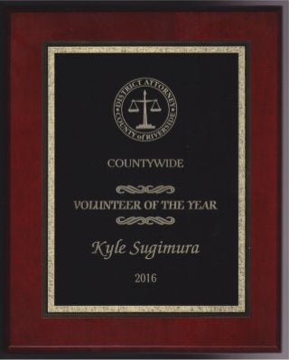 Kyle Sugimura Recieves the Countywide Volunteer of the Year Award from the Riverside County District Attorney's Office