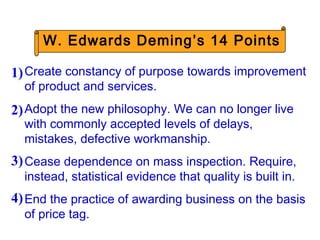 W. Edwards Deming’s 14 Points
Create constancy of purpose towards improvement
of product and services.
Adopt the new philosophy. We can no longer live
with commonly accepted levels of delays,
mistakes, defective workmanship.
Cease dependence on mass inspection. Require,
instead, statistical evidence that quality is built in.
End the practice of awarding business on the basis
of price tag.
1)
2)
3)
4)
 