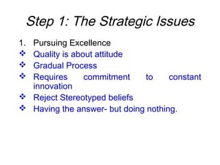 Step 1: The Strategic Issues
1. Pursuing Excellence
 Quality is about attitude
 Gradual Process
 Requires commitment to constant
innovation
 Reject Stereotyped beliefs
 Having the answer- but doing nothing.
 
