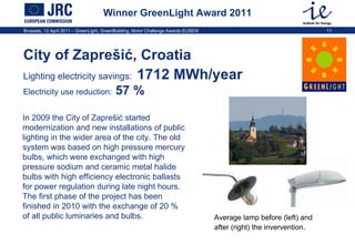 Winner GreenLight Award 2011 City of Zapre š i ć , Croatia Lighting electricity savings:   1712 MWh/year  Electricity use reduction:  57 %   In 2009 the City of Zaprešić started modernization and new installations of public lighting in the wider area of the city. The old  system was based on high pressure mercury bulbs, which were exchanged with high pressure sodium and ceramic metal halide bulbs with high efficiency electronic ballasts for power regulation during late night hours. The first phase of the project has been  finished in 2010 with the exchange of 20 % of all public luminaries and bulbs.  Average lamp before (left) and  after (right) the invervention.  