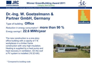Winner GreenBuilding Award 2011 Category New Building Dr.-Ing. W. Goetzelmann & Partner GmbH, Germany  Type of building:   Office   Reduction in energy consumption * :  more than 90 %   Energy savings * :  22.6 MWh/year The new construction is a one-story office building with a capcity of 7-8 workplaces in a timber frame construction with very high insulation. Heating is supplied by a heat pump and heat recovery in ventilation. On the roof a PV system is installed (19.32 kW).  * Compared to building code 