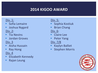2014 KIGOO AWARD 
Div. 1: 
 Sofia Lemaire 
 Joshua Nygard 
Div. 2: 
 Tia Nevins 
 Jordan Groves 
Div. 3 
 Aisha Hussain 
 Ray Hong 
Div. 4 
 Elizabeth Kennedy 
 Rajan Leung 
Div. 5: 
 Sophia Kostiuk 
 Brian Chang 
Div. 6: 
 Claire Lee 
 Peter Yang 
Div. 7/8 
 Kaylyn Balliet 
 Stephen Morris 
 