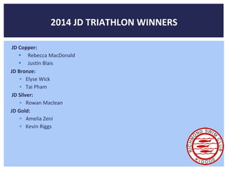 2014 JD TRIATHLON WINNERS 
JD Copper: 
 Rebecca MacDonald 
 Justin Blais 
JD Bronze: 
▪ Elyse Wick 
▪ Tai Pham 
JD Silver: 
▪ Rowan Maclean 
JD Gold: 
▪ Amelia Zeni 
▪ Kevin Riggs 
 