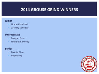 2014 GROUSE GRIND WINNERS 
Junior 
▪ Gracie Crawford 
▪ Zachary Kennedy 
Intermediate 
▪ Morgan Flynn 
▪ Nicholas Kennedy 
Senior 
▪ Dakota Chan 
▪ Peiyu Song 
 