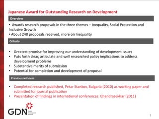 11
Japanese Award for Outstanding Research on Development
Overview
• Awards research proposals in the three themes – Inequality, Social Protection and
Inclusive Growth
• About 248 proposals received; more on Inequality
• Greatest promise for improving our understanding of development issues
• Puts forth clear, articulate and well researched policy implications to address
development problems
• Substantive merits of submission
• Potential for completion and development of proposal
• Completed research published, Petar Stankov, Bulgaria (2010) as working paper and
submitted for journal publication
• Presentation of findings in international conferences: Chandrasekhar (2011)
Criteria
Previous winners
 