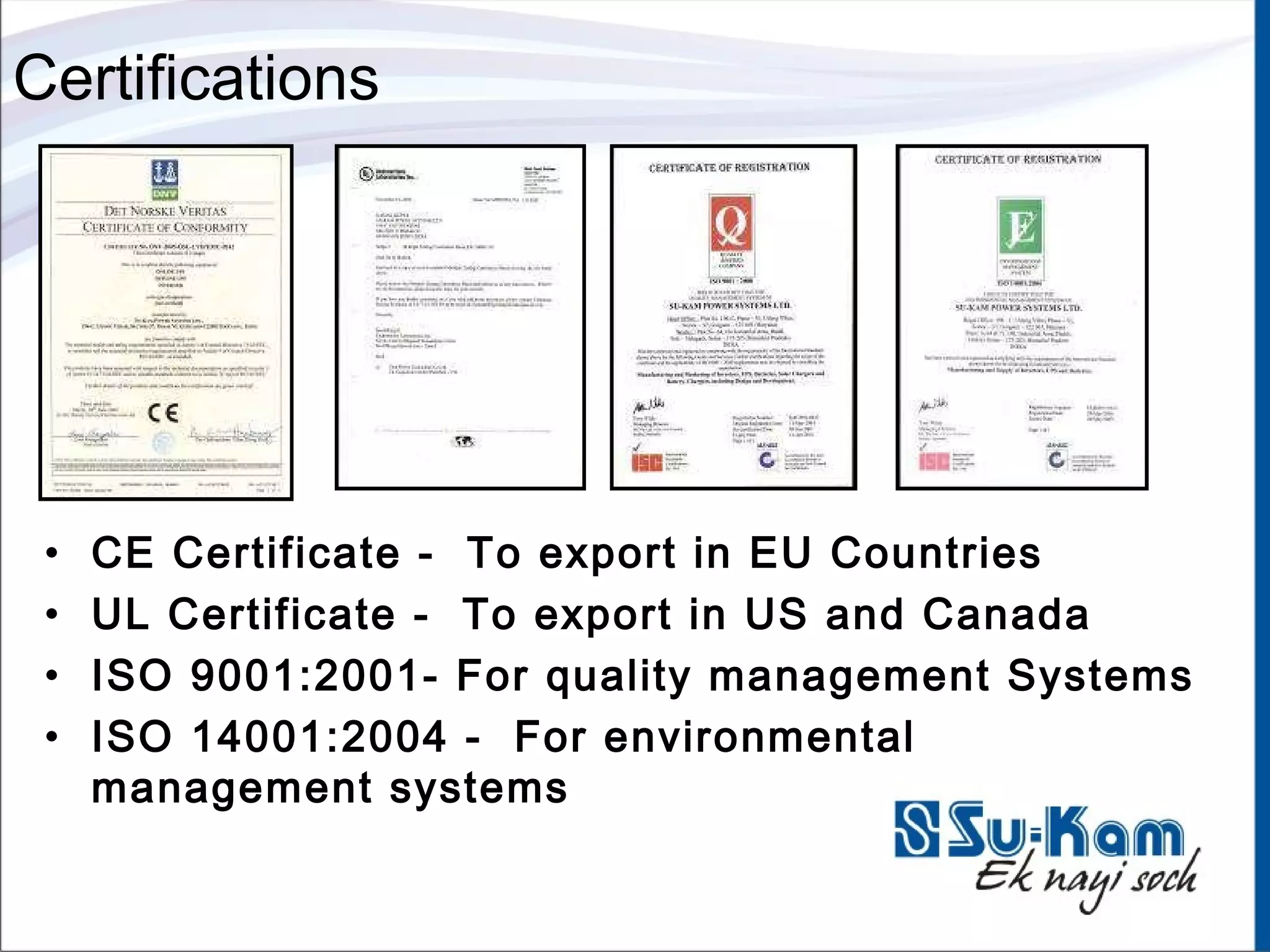 Su-Kam Certifications