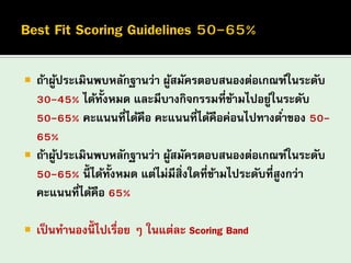 ถ้าผู้ประเมินพบหลักฐานว่า ผู้สมัครตอบสนองต่อเกณฑ์ในระดับ 30-45% ได้ทั้งหมด และมีบางกิจกรรมที่ข้ามไปอยู่ในระดับ 50-65% คะแนนที่ได้คือ คะแนนที่ได้คือค่อนไปทางต่าของ 50- 65% 
ถ้าผู้ประเมินพบหลักฐานว่า ผู้สมัครตอบสนองต่อเกณฑ์ในระดับ 50-65% นี้ได้ทั้งหมด แต่ไม่มีสิ่งใดที่ข้ามไประดับที่สูงกว่า คะแนนที่ได้คือ 65% 
เป็นทานองนี้ไปเรื่อย ๆ ในแต่ละ Scoring Band  