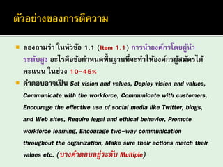 ลองถามว่า ในหัวข้อ 1.1 (Item 1.1) การนาองค์กรโดยผู้นา ระดับสูง อะไรคือข้อกาหนดพื้นฐานที่จะทาให้องค์กรผู้สมัครได้ คะแนน ในช่วง 10-45% 
คาตอบอาจเป็น Set vision and values, Deploy vision and values, Communicate with the workforce, Communicate with customers, Encourage the effective use of social media like Twitter, blogs, and Web sites, Require legal and ethical behavior, Promote workforce learning, Encourage two-way communication throughout the organization, Make sure their actions match their values etc. (บางคาตอบอยู่ระดับ Multiple)  