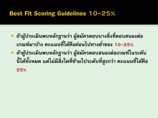 ถ้าผู้ประเมินพบหลักฐานว่า ผู้สมัครตอบบางสิ่งที่ตอบสนองต่อ เกณฑ์มาบ้าง คะแนนที่ได้คือค่อนไปทางต่าของ 10-25% 
ถ้าผู้ประเมินพบหลักฐานว่า ผู้สมัครตอบสนองต่อเกณฑ์ในระดับ นี้ได้ทั้งหมด แต่ไม่มีสิ่งใดที่ข้ามไประดับที่สูงกว่า คะแนนที่ได้คือ 25%  