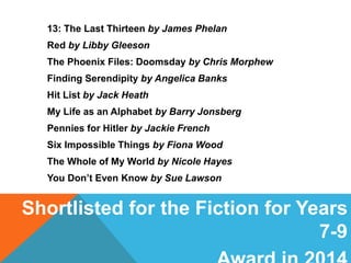 Shortlisted for the Fiction for Years
7-9
13: The Last Thirteen by James Phelan
Red by Libby Gleeson
The Phoenix Files: Doomsday by Chris Morphew
Finding Serendipity by Angelica Banks
Hit List by Jack Heath
My Life as an Alphabet by Barry Jonsberg
Pennies for Hitler by Jackie French
Six Impossible Things by Fiona Wood
The Whole of My World by Nicole Hayes
You Don’t Even Know by Sue Lawson
 