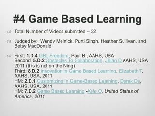 #4 Game Based LearningTotal Number of Videos submitted – 32Judged by:  Wendy Melnick, Purti Singh, Heather Sullivan, and Betsy MacDonald First: 1.D.4GBL Freedom, Paul B., AAHS, USASecond: 5.D.2Obstacles To Collaboration, Jillian D AAHS, USA 2011 (this is not on the Ning)Third: 8.D.2Innovation in Game Based Learning, Elizabeth T, AAHS, USA, 2011HM: 2.D.1Customizing In Game-Based Learning, Derek Du, AAHS, USA, 2011HM: 7.D.2Game Based Learning-Kyle O, United States of America, 2011