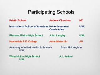 Participating SchoolsKristin School			Andrew Churches	NZInternational School of Americas	Honor Moorman		USA			Cassie AllenPleasant Plains High School	John Langley		USAHawksdale P12 College		Anne Mirtschin		AUAcademy of Allied Health & Science	  Brian McLaughlin	USAWissahickon High School		A.J. Juliani		USA
