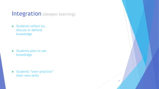  Students reflect on,
discuss or defend
knowledge
 Students plan to use
knowledge
 Students “over-practice”
their new skills
Integration (deepen learning)
12
 