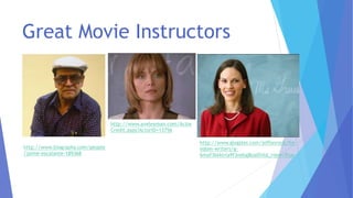 http://www.biography.com/people
/jaime-escalante-189368
http://www.aveleyman.com/Actor
Credit.aspx?ActorID=13756
http://www.glogster.com/jeffonrock/fre
edom-writers/g-
6mof3kkklrla9f3nebg8oa0?old_view=True
Great Movie Instructors
 