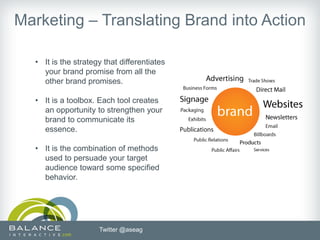 Marketing – Translating Brand into Action

  • It is the strategy that differentiates
    your brand promise from all the
    other brand promises.

  • It is a toolbox. Each tool creates
    an opportunity to strengthen your
    brand to communicate its
    essence.

  • It is the combination of methods
    used to persuade your target
    audience toward some specified
    behavior.




                     Twitter @aseag
 