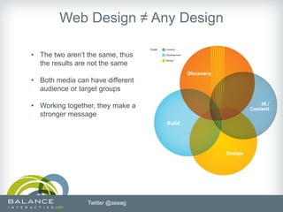 Web Design ≠ Any Design

• The two aren’t the same, thus
  the results are not the same

• Both media can have different
  audience or target groups

• Working together, they make a
  stronger message




                 Twitter @aseag
 