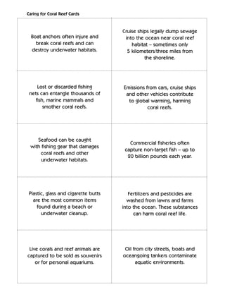 Caring for Coral Reef Cards


                                      Cruise ships legally dump sewage
  Boat anchors often injure and        into the ocean near coral reef
    break coral reefs and can             habitat – sometimes only
  destroy underwater habitats.          5 kilometers/three miles from
                                                the shoreline.




     Lost or discarded fishing        Emissions from cars, cruise ships
 nets can entangle thousands of        and other vehicles contribute
    fish, marine mammals and            to global warming, harming
        smother coral reefs.                     coral reefs.




    Seafood can be caught
                                         Commercial fisheries often
 with fishing gear that damages
                                       capture non-target fish – up to
     coral reefs and other
                                        20 billion pounds each year.
      underwater habitats.




 Plastic, glass and cigarette butts      Fertilizers and pesticides are
   are the most common items            washed from lawns and farms
     found during a beach or          into the ocean. These substances
       underwater cleanup.                 can harm coral reef life.




 Live corals and reef animals are      Oil from city streets, boats and
captured to be sold as souvenirs      oceangoing tankers contaminate
    or for personal aquariums.              aquatic environments.
 