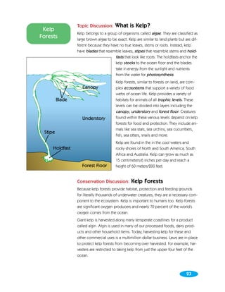Topic Discussion:      What is Kelp?
 Kelp
          Kelp belongs to a group of organisms called algae. They are classified as
Forests   large brown algae to be exact. Kelp are similar to land plants but are dif-
          ferent because they have no true leaves, stems or roots. Instead, kelp
          have blades that resemble leaves, stipes that resemble stems and hold-
                                 fasts that look like roots. The holdfasts anchor the
                                 kelp stocks to the ocean floor and the blades
                                 take in energy from the sunlight and nutrients
                                 from the water for photosynthesis.
                                  Kelp forests, similar to forests on land, are com-
                                  plex ecosystems that support a variety of food
                                  webs of ocean life. Kelp provides a variety of
                                  habitats for animals of all trophic levels. These
                                  levels can be divided into layers including the
                                  canopy, understory and forest floor. Creatures
                                  found within these various levels depend on kelp
                                  forests for food and protection. They include ani-
                                  mals like sea stars, sea urchins, sea cucumbers,
                                  fish, sea otters, snails and more.
                                  Kelp are found in the in the cool waters and
                                  rocky shores of North and South America, South
                                  Africa and Australia. Kelp can grow as much as
                                  15 centimeters/6 inches per day and reach a
                                  height of 60 meters/200 feet.


          Conservation Discussion:         Kelp Forests
          Because kelp forests provide habitat, protection and feeding grounds
          for literally thousands of underwater creatures, they are a necessary com-
          ponent to the ecosystem. Kelp is important to humans too. Kelp forests
          are significant oxygen producers and nearly 70 percent of the world’s
          oxygen comes from the ocean.
          Giant kelp is harvested along many temperate coastlines for a product
          called algin. Algin is used in many of our processed foods, dairy prod-
          ucts and other household items. Today, harvesting kelp for these and
          other commercial uses is a multimillion dollar business. Laws are in place
          to protect kelp forests from becoming over harvested. For example, har-
          vesters are restricted to taking kelp from just the upper four feet of the
          ocean.



                                                                              23
 