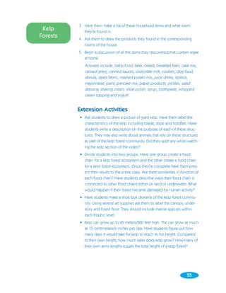 3. Have them make a list of these household items and what room
 Kelp        they’re found in.
Forests   4. Ask them to draw the products they found in the corresponding
             rooms of the house.
          5. Begin a discussion of all the items they discovered that contain algae
             at home.
             Answers include: baby food, beer, bread, breakfast bars, cake mix,
             canned gravy, canned sauces, chocolate milk, cookies, dog food,
             donuts, dyed fabric, mashed potato mix, juice drinks, lipstick,
             mayonnaise, paint, pancake mix, paper products, pickles, salad
             dressing, shaving cream, shoe polish, syrup, toothpaste, whipped
             cream topping and yogurt.


          Extension Activities
          • Ask students to draw a picture of giant kelp. Have them label the
            characteristics of the kelp including blade, stipe and holdfast. Have
            students write a description on the purpose of each of these struc-
            tures. They may also write about animals that rely on these structures
            as part of the kelp forest community. Did they spot any while watch-
            ing the kelp section of the video?
          • Divide students into two groups. Have one group create a food
            chain for a kelp forest ecosystem and the other create a food chain
            for a land forest ecosystem. Once they’re complete have them pres-
            ent their results to the entire class. Are there similarities in function of
            each food chain? Have students describe ways their food chain is
            connected to other food chains either on land or underwater. What
            would happen if their forest became damaged by human activity?
          • Have students make a shoe box diorama of the kelp forest commu-
            nity. Using several art supplies ask them to label the canopy, under-
            story and forest floor. They should include marine species within
            each trophic level.
          • Kelp can grow up to 60 meters/200 feet high. The can grow as much
            as 15 centimeters/6 inches per day. Have students figure out how
            many days it would take for kelp to reach its full height. Compared
            to their own height, how much taller does kelp grow? How many of
            their own arms lengths equals the total height of a kelp forest?




                                                                                25
 