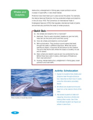 destruction, entanglement in fishing gear, ocean pollution and an
    Whales and                     increase in boat traffic in vital whale habitat.
     Dolphins                      Protection laws have been put in place across the globe. For example,
                                   the Marine Mammal Protection Act has protected whales and dolphins
                                   in the US since 1972. The Convention on International Trade in
                                   Endangered Species (CITES) that regulates international trade of plants
                                   and animals also prohibits the trade of whale products.


                                       Quick Quiz:
                                       Q: Are whales and dolphins fish or mammals?
                                       A: Mammals. They’re warm-blooded, breathe air, give live birth,
                                          have hair (at one point) and nurse their young.
                                       Q: How do whales and dolphins communicate?
                                       A: With echolocation. They produce sound waves that travel
                                          through the water in different directions. When the sound
                                          reaches an object, it bounces off and returns to the creature.
                                          The echo that returns tells where the object is located, its size
                                          and its speed.
                                       Q: Many whale and dolphin species are now protected by law.
                                          Before these laws were in place, what types of threats put
                                          them near extinction?
                                       A: Hunting, habitat destruction, entaglement in fishing gear, ocean
                                          pollution and boat traffic.




                                                                      Activity: Echolocation
                                                                      1. Explain to students that whales and
                                                                         dolphins hear through echoloca-
                                                                         tion. Describe to them how it works
                                                                         using the information provided
                                                                         above.
                                                                      2. Blindfold one student at time and
                                                                         have him or her stand in front of the
                                                                         class.
                                                                      3. Ask several students to take turn
Photo Courtesy of Leszek Karczmarski                                     clapping, blowing a whistle and
                                                                         making other noises. See if the
                                                                         blindfolded student can figure out
                                                                         where it came from.




    28
 