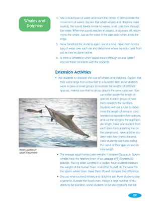 4. Use a round pan of water and touch the center to demonstrate the
    Whales and          movement of waves. Explain that when whales and dolphins make
     Dolphins           sounds, the sound travels similar to waves, in all directions through
                        the water. When the sound reaches an object, it bounces off, return-
                        ing to the whale. Just as the wave in the pan does when it hits the
                        edge.
                     5. Now blindfold the students again one at a time. Have them hold a
                        bag of water over each ear and determine where sounds come from
                        just as they’ve done before.
                     6. Is there a difference when sound travels through air and water?
                        Discuss these concepts with the students.


                     Extension Activities
                     • Ask students to discover the size of whales and dolphins. Explain that
                        their sizes range from a few feet to a hundred feet. Have students
                        work in pairs or small groups to illustrate the lengths of different
                        species, making sure that no group graphs the same cetacean. You
                                                            can either assign the length of
                                                            species to each group or have
                                                            them research the numbers.
                                                            Students will use a ruler to deter-
                                                            mine the length of string or cord
                                                            needed to represent their species,
                                                            and cut the string to the appropri-
                                                            ate length. Have one student from
                                                            each team form a starting line on
                                                            the playground. Have another stu-
                                                            dent walk their line to the end.
                                                            Have students take turns stating
                                                            the name of their species and its
Photo Courtesy of                                           total length.
Leszek Karczmarski
                      • The average adult human brain weighs 1 kilogram/3 pounds. Sperm
                        whales have the heaviest brain of all cetacea at 9 kilograms/20
                        pounds. Placing small weights in a bucket, have students measure
                        the weight of the human brain. In another bucket do the same for
                        the sperm whale brain. Have them lift and compare the difference.
                      • Discuss what toothed whales and dolphins eat. Have students play
                        a game to illustrate the food chain. Assign a large number of stu-
                        dents to be plankton, some students to be sea creatures that eat


                                                                                        29
 