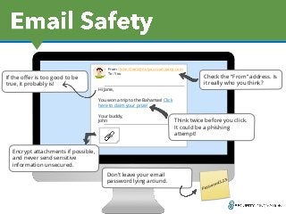 Hi Jane,
You won a trip to the Bahamas! Click
here to claim your prize!
Your buddy,
John
From: John.Doe2@notyourcompany.com
To: You
Check the “From” address. Is
it really who you think?
Encrypt attachments if possible,
and never send sensitive
information unsecured.
Don’t leave your email
password lying around.
If the offer is too good to be
true, it probably is!
Think twice before you click.
It could be a phishing
attempt!
 