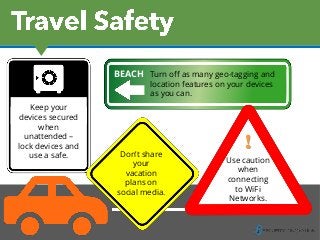 !
Use caution
when
connecting
to WiFi
Networks.
Keep your
devices secured
when
unattended –
lock devices and
use a safe. Don’t share
your
vacation
plans on
social media.
Turn off as many geo-tagging and
location features on your devices
as you can.
BEACH
 