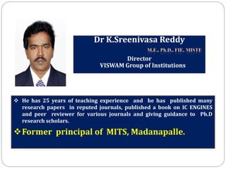 Dr K.Sreenivasa Reddy
Director
VISWAM Group of Institutions
 He has 25 years of teaching experience and he has published many
research papers in reputed journals, published a book on IC ENGINES
and peer reviewer for various journals and giving guidance to Ph.D
research scholars.
Former principal of MITS, Madanapalle.
 
