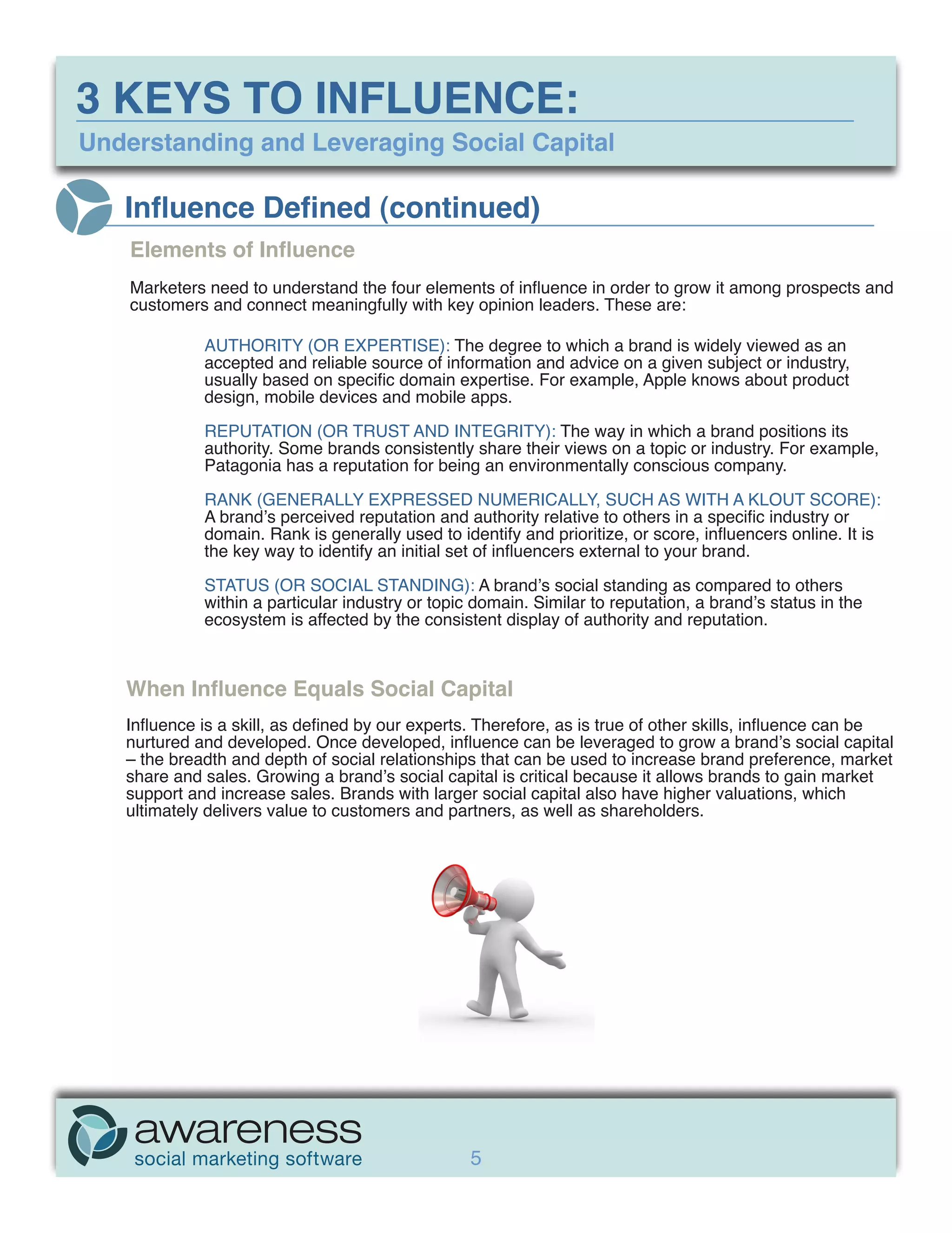 3 KEYS TO INFLUENCE:
Understanding and Leveraging Social Capital

   Influence Defined (continued)
    Elements of Influence
    Marketers need to understand the four elements of influence in order to grow it among prospects and
    customers and connect meaningfully with key opinion leaders. These are:

             AUTHORITY (OR EXPERTISE): The degree to which a brand is widely viewed as an
             accepted and reliable source of information and advice on a given subject or industry,
             usually based on specific domain expertise. For example, Apple knows about product
             design, mobile devices and mobile apps.
             REPUTATION (OR TRUST AND INTEGRITY): The way in which a brand positions its
             authority. Some brands consistently share their views on a topic or industry. For example,
             Patagonia has a reputation for being an environmentally conscious company.

             RANK (GENERALLY EXPRESSED NUMERICALLY, SUCH AS WITH A KLOUT SCORE):
             A brand’s perceived reputation and authority relative to others in a specific industry or
             domain. Rank is generally used to identify and prioritize, or score, influencers online. It is
             the key way to identify an initial set of influencers external to your brand.

             STATUS (OR SOCIAL STANDING): A brand’s social standing as compared to others
             within a particular industry or topic domain. Similar to reputation, a brand’s status in the
             ecosystem is affected by the consistent display of authority and reputation.



   When Influence Equals Social Capital
   Influence is a skill, as defined by our experts. Therefore, as is true of other skills, influence can be
   nurtured and developed. Once developed, influence can be leveraged to grow a brand’s social capital
   – the breadth and depth of social relationships that can be used to increase brand preference, market
   share and sales. Growing a brand’s social capital is critical because it allows brands to gain market
   support and increase sales. Brands with larger social capital also have higher valuations, which
   ultimately delivers value to customers and partners, as well as shareholders.




                                                  5
 