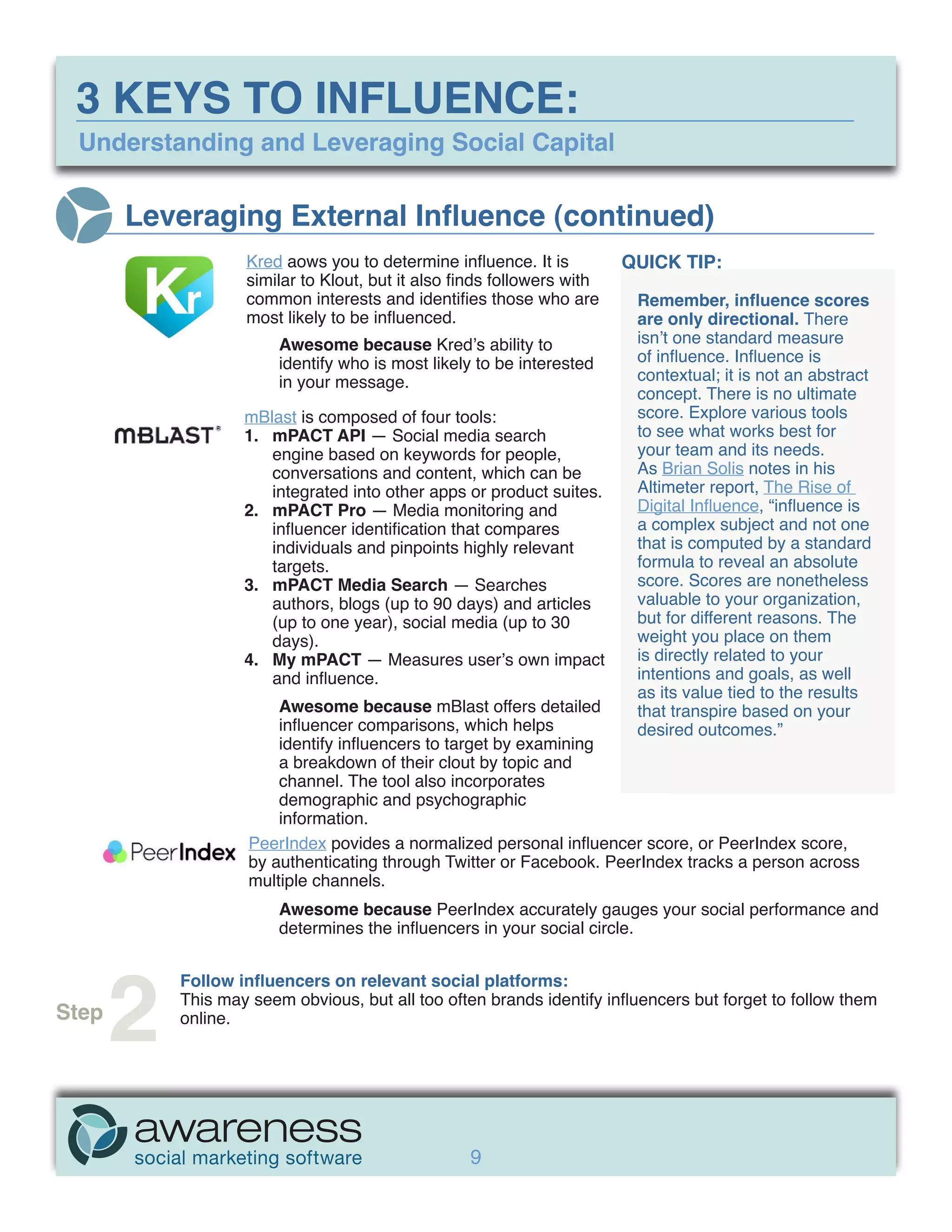 3 KEYS TO INFLUENCE:
 Understanding and Leveraging Social Capital


       Leveraging External Influence (continued)
                   Kred aows you to determine influence. It is          QUICK TIP:
                   similar to Klout, but it also finds followers with
                   common interests and identifies those who are         Remember, influence scores
                   most likely to be influenced.                         are only directional. There
                        Awesome because Kred’s ability to                isn’t one standard measure
                        identify who is most likely to be interested     of influence. Influence is
                        in your message.                                 contextual; it is not an abstract
                                                                         concept. There is no ultimate
                   mBlast is composed of four tools:                     score. Explore various tools
                   1.	 mPACT API — Social media search                   to see what works best for
                       engine based on keywords for people,              your team and its needs.
                       conversations and content, which can be           As Brian Solis notes in his
                       integrated into other apps or product suites.     Altimeter report, The Rise of
                   2.	 mPACT Pro — Media monitoring and                  Digital Influence, “influence is
                       influencer identification that compares           a complex subject and not one
                       individuals and pinpoints highly relevant         that is computed by a standard
                       targets.                                          formula to reveal an absolute
                   3.	 mPACT Media Search — Searches                     score. Scores are nonetheless
                       authors, blogs (up to 90 days) and articles       valuable to your organization,
                       (up to one year), social media (up to 30          but for different reasons. The
                       days).                                            weight you place on them
                   4.	 My mPACT — Measures user’s own impact             is directly related to your
                       and influence.                                    intentions and goals, as well
                                                                         as its value tied to the results
                        Awesome because mBlast offers detailed           that transpire based on your
                        influencer comparisons, which helps              desired outcomes.”
                        identify influencers to target by examining
                        a breakdown of their clout by topic and
                        channel. The tool also incorporates
                        demographic and psychographic
                        information.
                    PeerIndex povides a normalized personal influencer score, or PeerIndex score,
                    by authenticating through Twitter or Facebook. PeerIndex tracks a person across
                    multiple channels.
                        Awesome because PeerIndex accurately gauges your social performance and
                        determines the influencers in your social circle.




       2
           Follow influencers on relevant social platforms:
           This may seem obvious, but all too often brands identify influencers but forget to follow them
Step       online.




                                                  9
 