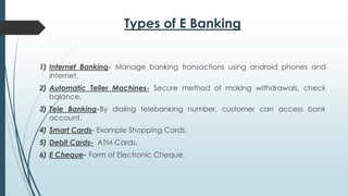Types of E Banking
1) Internet Banking- Manage banking transactions using android phones and
internet.
2) Automatic Teller Machines- Secure method of making withdrawals, check
balance.
3) Tele Banking-By dialing telebanking number, customer can access bank
account.
4) Smart Cards- Example Shopping Cards.
5) Debit Cards- ATM Cards.
6) E Cheque- Form of Electronic Cheque.
 
