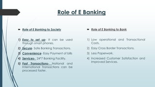 Role of E Banking
 Role of E Banking to Society
1) Easy to set up- It can be used
through smart phones.
2) Secure- Safe Banking Transactions.
3) Convenience- Easy Payment of bills
4) Services- 24*7 Banking Facility.
5) Fast Transactions- National and
International Transactions can be
processed faster.
 Role of E Banking to Bank
1) Low operational and Transactional
Costs.
2) Easy Cross Border Transactions.
3) Less Paperwork.
4) Increased Customer Satisfaction and
Improved Services.
 