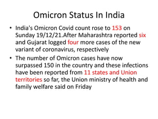 Omicron Status In India
• India's Omicron Covid count rose to 153 on
Sunday 19/12/21.After Maharashtra reported six
and Gujarat logged four more cases of the new
variant of coronavirus, respectively
• The number of Omicron cases have now
surpassed 150 in the country and these infections
have been reported from 11 states and Union
territories so far, the Union ministry of health and
family welfare said on Friday
 