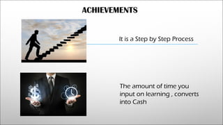 ACHIEVEMENTS
It is a Step by Step Process
The amount of time you
input on learning , converts
into Cash
 