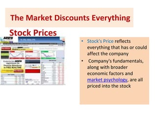 The Market Discounts Everything
Stock Prices
• Stock's Price reflects
everything that has or could
affect the company
• Company's fundamentals,
along with broader
economic factors and
market psychology, are all
priced into the stock
 