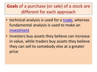 Goals of a purchase (or sale) of a stock are
different for each approach
• technical analysis is used for a trade, whereas
fundamental analysis is used to make an
investment
• Investors buy assets they believe can increase
in value, while traders buy assets they believe
they can sell to somebody else at a greater
price
 