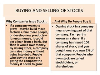 BUYING AND SELLING OF STOCKS
Why Companies Issue Stock...
• If a company wants to
grow—maybe build more
factories, hire more people,
or develop new products—
it needs money. It could
get a loan from a bank. But
then it would owe money.
By issuing stock, a company
can raise money without
going into debt. People
who buy the stock are
giving the company the
money it needs to grow.
...And Why Do People Buy It
• Owning stock in a company
means owning part of that
company. Each part is
known as a share. If a
company has issued 100
shares of stock, and you
bought one, you own 1% of
that company. People who
own stock are called
stockholders, or
shareholders
 