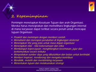 HARD-Hi SMART CONSULTING 
www.hardhismart-consulting.blogspot.com 
2. Kepemimpinan 
Pemimpin menetapkan Kesatuan Tujuan dan arah Organisasi. Mereka harus menciptakan dan memelihara lingkungan internal di mana karyawan dapat terlibat secara penuh untuk mencapai tujuan Organisasi. 
Proaktif dan memimpin dengan memberi contoh 
Memahami dan merespon perubahan di lingkungan eksternal 
Menetapkan Visi yang jelas untuk masa depan organisasi 
Menetapkan nilai -nilai kebersamaan dan etika 
Membangun kepercayaan, menghilangkan kecemasan, jujur dan berkomunikasi secara terbuka 
Menyediakan sumber daya yang dibutuhkan dan bebas untuk bertindak 
Memberi inspirasi, mendorong dan mengakui kontribusi 
Mendidik, melatih dan membimbing karyawan 
Menentukan tujuan dan melaksanakan strategi  