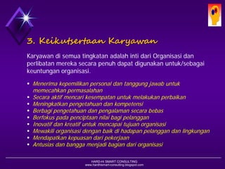 HARD-Hi SMART CONSULTING 
www.hardhismart-consulting.blogspot.com 
3. Keikutsertaan Para Karyawan 
Karyawan di semua tingkatan adalah inti dari Organisasi dan perlibatan mereka secara penuh dapat digunakan untuk/sebagai keuntungan organisasi. 
Menerima kepemilikan personal dan tanggung jawab untuk memecahkan permasalahan 
Secara aktif mencari kesempatan untuk melakukan perbaikan 
Meningkatkan pengetahuan dan kompetensi 
Berbagi pengetahuan dan pengalaman secara bebas 
Berfokus pada penciptaan nilai bagi pelanggan 
Inovatif dan kreatif untuk mencapai tujuan organisasi 
Mewakili organisasi dengan baik di hadapan pelanggan & lingkungan 
Mendapatkan kepuasan dari pekerjaan 
Antusias dan bangga menjadi bagian dari organisasi  