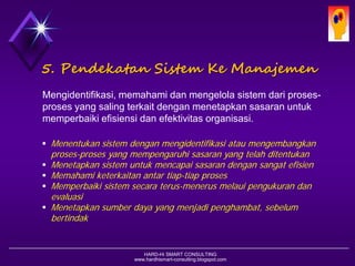 HARD-Hi SMART CONSULTING 
www.hardhismart-consulting.blogspot.com 
5. PendekatanSistem KeManajemen 
Mengidentifikasi, memahami dan mengelola sistem dari proses- proses yang saling terkait dengan menetapkan sasaran untuk memperbaiki efisiensi dan efektivitas organisasi. 
Menentukan sistem dengan mengidentifikasi atau mengembangkan proses-proses yang mempengaruhi sasaran yang telah ditentukan 
Menetapkan sistem untuk mencapai sasaran dengan sangat efisien 
Memahami keterkaitan antar tiap-tiap proses 
Memperbaiki sistem secara terus-menerus melaui pengukuran dan evaluasi 
Menetapkan sumber daya yang menjadi penghambat, sebelum bertindak  