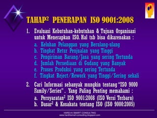 HARD-Hi SMART CONSULTING 
www.hardhismart-consulting.blogspot.com 
KEUNTUNGAN2MENERAPKAN ISO 
1.COST SAVING(PenghematanBiaya) 
KinerjaProduktifitasBiayaProduksiPROFIT 
KinerjaBiayaScrap/ReworkBiayaServisPROFIT 
KinerjaBiayaGaransiBiayaServisPROFIT 
2.MARKET GAIN (PertumbuhanPasar) 
KinerjaReputasiPeningkatanHargaPROFIT 
KinerjaReputasiPangsaPasarVolumePROFIT 
KinerjaPangsaPasarEfisiensiProduksiPROFIT  
