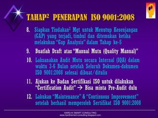 HARD-Hi SMART CONSULTING 
www.hardhismart-consulting.blogspot.com 
TAHAP2PENERAPAN ISO 9001:2008 
1.Evaluasi Kebutuhan-kebutuhan & Tujuan Organisasi untuk Menerapkan ISO. Hal tsb bisa dikarenakan : a. Keluhan Pelanggan yang Berulang-ulangb. Tingkat Returnatas Penjualan yang Tinggic. Pengiriman Barang/Jasa yang sering Tertundad. Jumlah Persediaan yang menumpuk di Gudange. Proses-proses Produksi yang sering kali Tertundaf. Tingkat Reject/Reworkyang Tinggi/Sering sekali 
2.Cari Informasi tentang “QMS-ISO 9000 Series” (lewat Konsultan atau Cari Sendiri), untuk memahami : a. Persyaratan2QMS-ISO 9001:2008 (Versi Terbaru) b. Dasar2& Kosakata tentang QMS (ISO 9000:2005)  