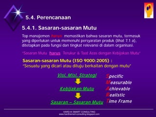 HARD-Hi SMART CONSULTING 
www.hardhismart-consulting.blogspot.com 
5.4. Perencanaan 
5.4.1. Sasaran-sasaran Mutu 
Top manajemen harusmemastikan bahwa sasaran mutu, termasuk yang diperlukan untuk memenuhi persyaratan produk (lihat 7.1 a), ditetapkan pada fungsi dan tingkat relevansi di dalam organisasi. 
“Sasaran Mutu harusTerukur & Taat Azas dengan Kebijakan Mutu” 
Sasaran-sasaran Mutu(ISO 9000:2005) : 
“Sesuatu yang dicariataudituju berkaitandenganmutu” 
Visi, Misi, Strategi 
KebijakanMutu 
Sasaran–SasaranMutu 
Specific 
Measurable 
Achievable 
Realistic 
Time Frame  