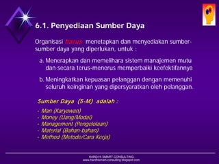 HARD-Hi SMART CONSULTING 
www.hardhismart-consulting.blogspot.com 
6.1. Penyediaan Sumber Daya 
Organisasi harusmenetapkan dan menyediakan sumber- sumber daya yang diperlukan, untuk : 
a.Menerapkan dan memelihara sistem manajemen mutu dan secara terus-menerus memperbaiki keefektifannya 
b.Meningkatkan kepuasan pelanggan dengan memenuhi seluruh keinginan yang dipersyaratkan oleh pelanggan. 
Sumber Daya (5-M) adalah : 
-Man (Karyawan) 
-Money (Uang/Modal) 
-Management (Pengelolaan) 
-Material (Bahan-bahan) 
-Method (Metode/Cara Kerja)  
