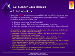 HARD-Hi SMART CONSULTING 
www.hardhismart-consulting.blogspot.com 
6.3. Infrastruktur 
Organisasi harus menetapkan, menyediakan dan memelihara prasarana yang diperlukan untuk mencapai kesesuaian pada persyaratan produk. 
Prasarana mencakup, serta dapat berlaku pada : 
a.Gedung, ruang kerja dan utilitas terkait, 
b.Peralatan proses (baik perangkat keras maupun lunak), dan 
c.Layanan pendukung (seperti angkutan, komunikasi atau sistem informasi) 
Proses untuk menetapkan infrastruktur yang diperlukan untuk tercapainya efektivitas dan efisiensi realisasi produk, termasuk diantaranya : 
-Penyediaan infrastruktur, menentukan sasaran, fungsi, kinerja, ketersediaan, biaya, keselamatan, keamanan dan pembaharuan. 
-Pengembangan dan pelaksanaan metode perbaikan untuk meyakinkan bahwa infrastruktur dapat memenuhi kebutuhan organisasi; metode ini harus mempertimbangkan tipe dan frekuensi dari perbaikan dan verifikasi dari operasi masing -masing infrastruktur berdasarkan pentingnya dan pemakaiannya. 
-Evaluasi dari infrastruktur dibandingkan dengan kebutuhan dan pengharapan dari pihak yang berkepentingan. 
-Mempertimbangkan isu –isu lingkungan yang terkait dengan infrastruktur, seperti pemeliharaan, polusi, limbah dan daur ulang.  