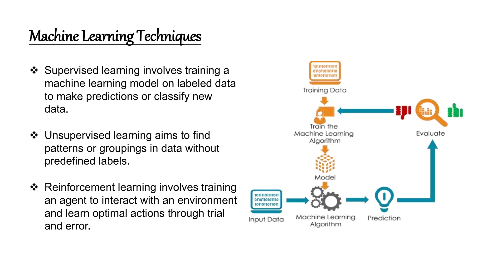 Machine Learning Techniques
 Supervised learning involves training a
machine learning model on labeled data
to make predictions or classify new
data.
 Unsupervised learning aims to find
patterns or groupings in data without
predefined labels.
 Reinforcement learning involves training
an agent to interact with an environment
and learn optimal actions through trial
and error.
 