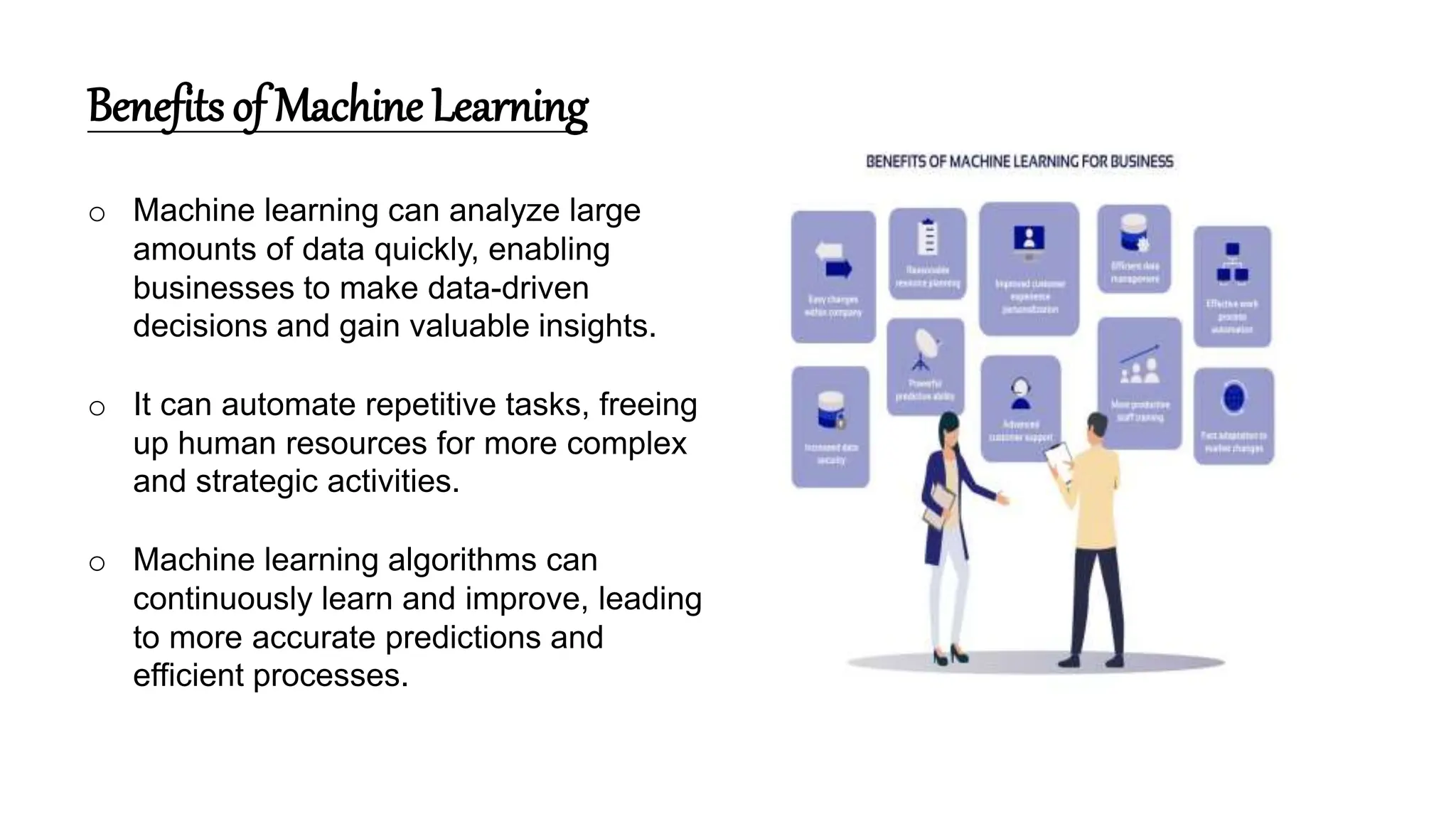 Benefits of Machine Learning
o Machine learning can analyze large
amounts of data quickly, enabling
businesses to make data-driven
decisions and gain valuable insights.
o It can automate repetitive tasks, freeing
up human resources for more complex
and strategic activities.
o Machine learning algorithms can
continuously learn and improve, leading
to more accurate predictions and
efficient processes.
 